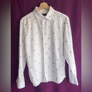 Banana Republic White Button-Down Shirt with Blue Sailboat Motif